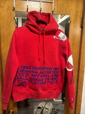 Vintage Champion Red Graphic Hoodie with Blue Text